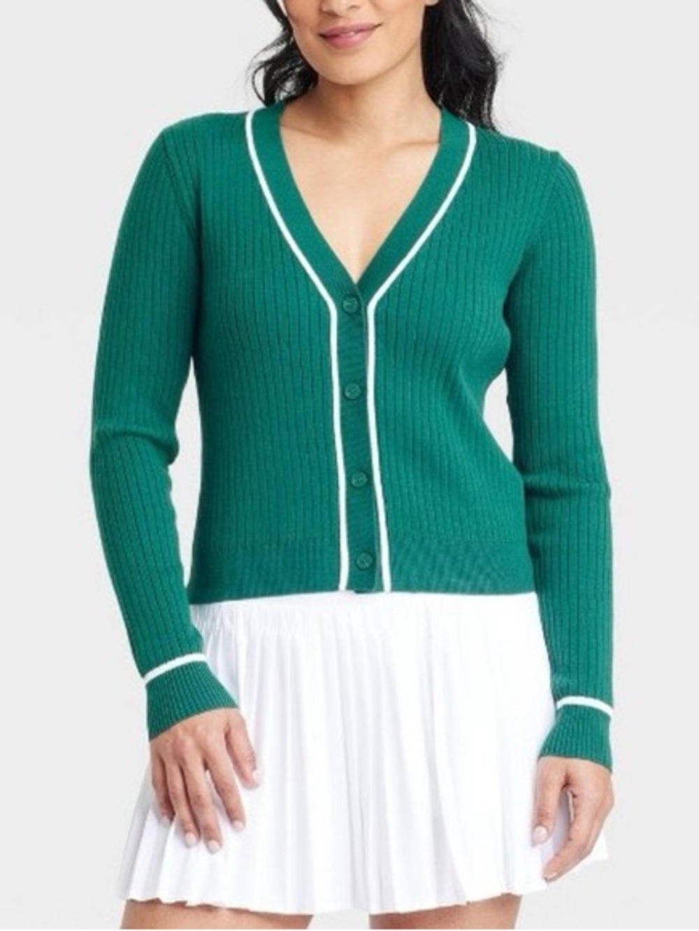 all in motion Green V-Neck Ribbed Cardigan with White Trim